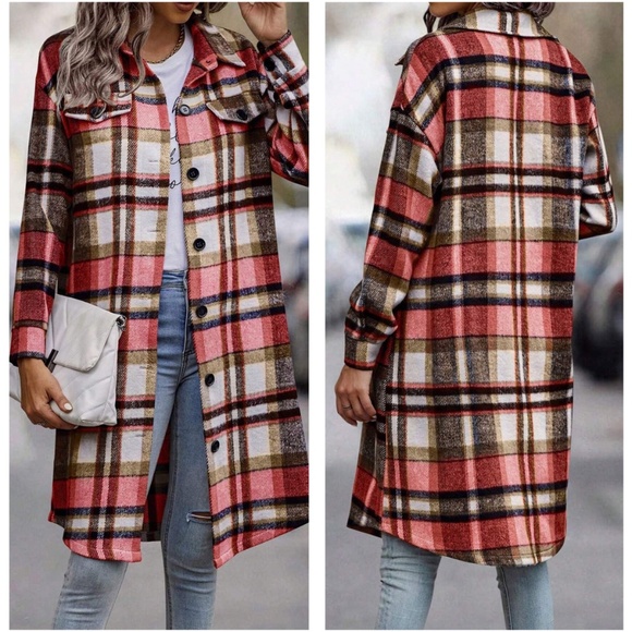 Cozy Plaid Print Button Down Oversized Long Jacket Shacket - Picture 4 of 7